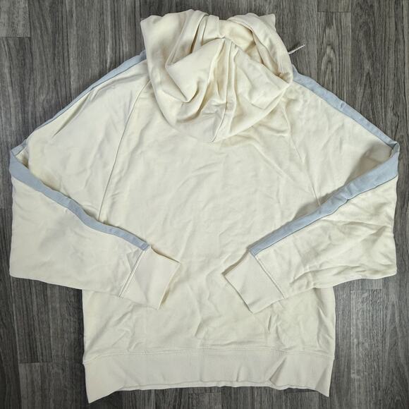 PUMA Cream White Hoodie Medium Red Logo Pullover Blue Stripe Raglan Sweatshirt - Picture 2 of 5